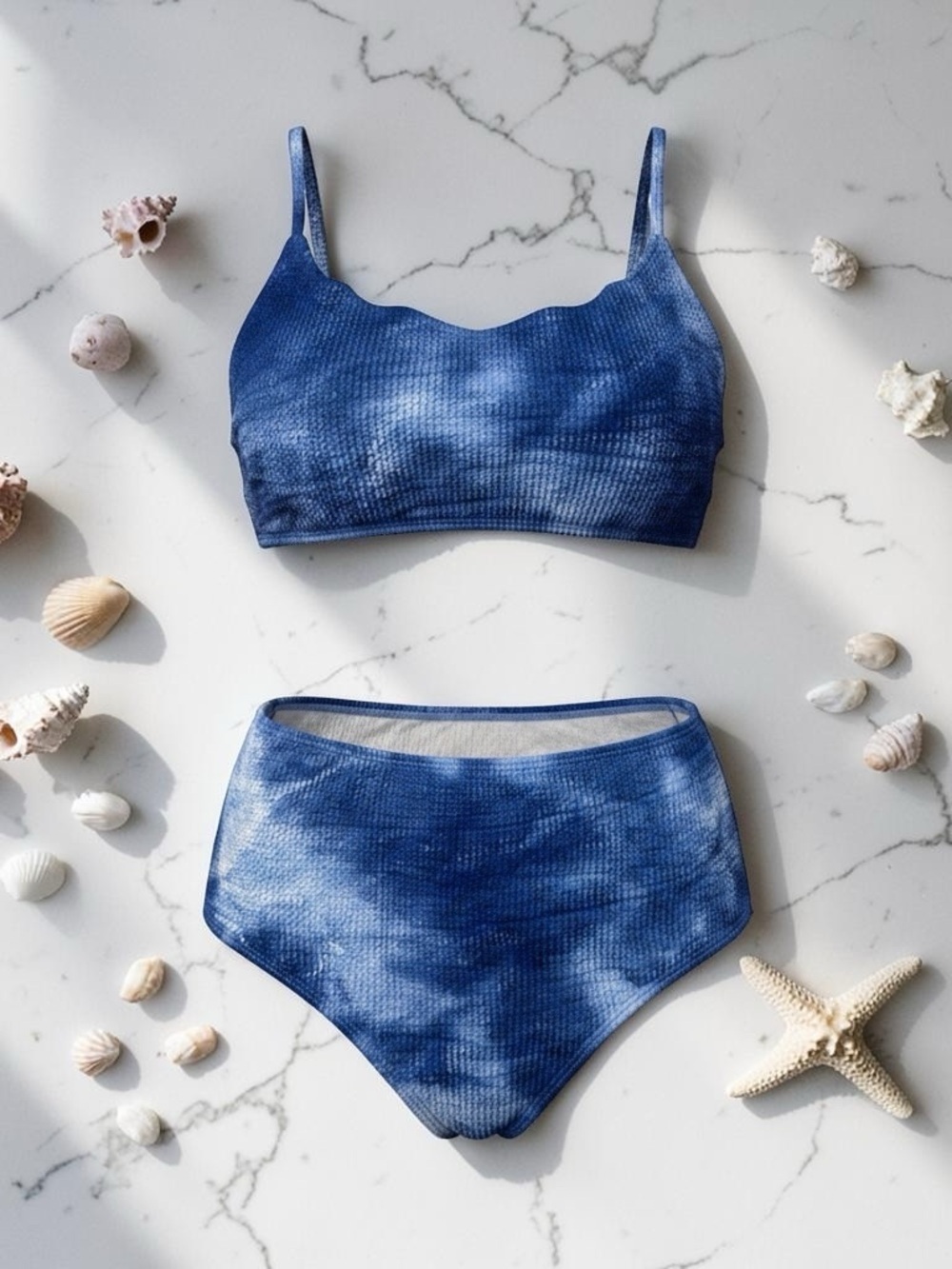 NWOT Tie-Dye Blue High Waist Bikini Set Ribbed Swimsuit Size XXL